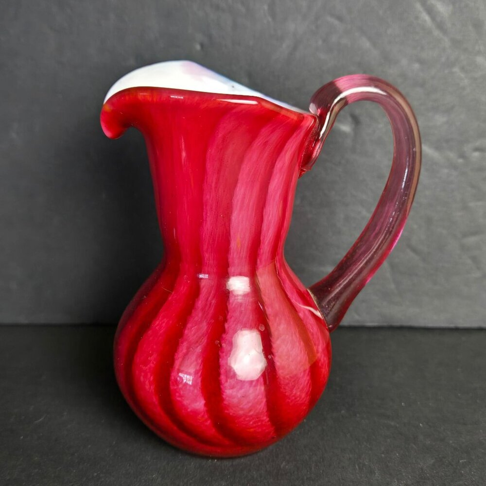 Handblown Glass Red Swirl Cruet Mini Pitcher Vase White Interior Clear Handle 4"